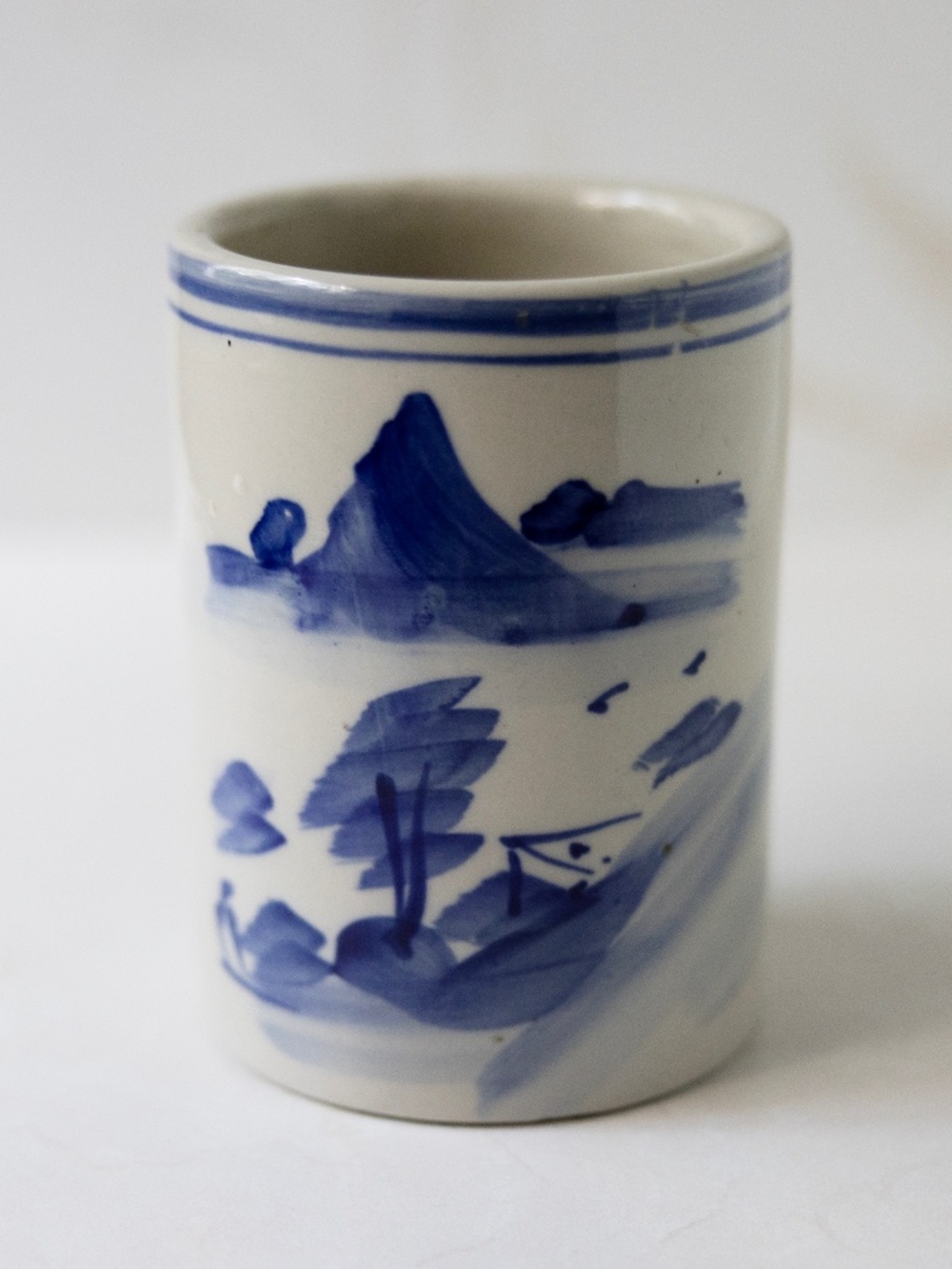 Vintage Cachepot Vase Large Blue White Pottery Chinoiserie Brush Pot China 5 3/8